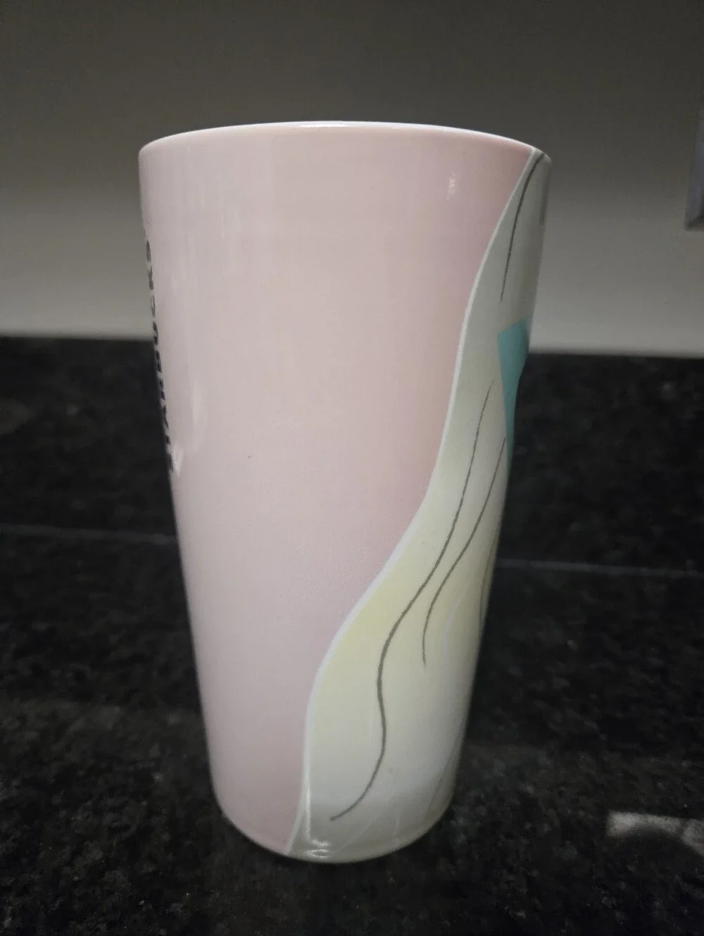 Starbucks Ceramic Travel Cup with Teal Sunglasses and Pink Lips